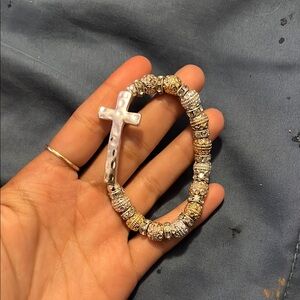 Elegant Silver and Gold Beaded Cross Bracelet